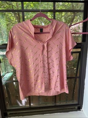 SHEIN Pink Short Sleeve Blouse with Gold Grid Print
